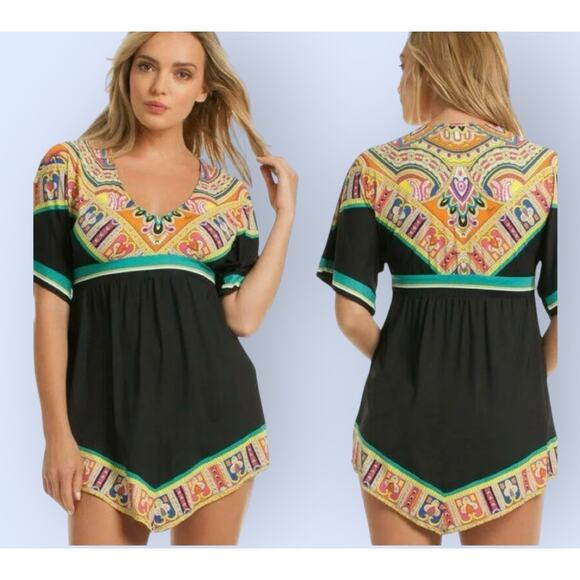 TRINA TURK Women's Nepal Black & Tropical Colors Swim Cover up Dress 6 8 Tunic - Picture 1 of 12